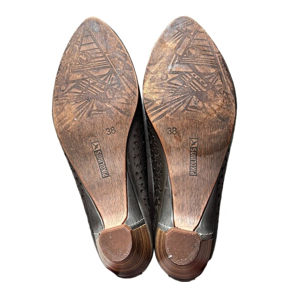 PIKOLINOS Shoes Euro 38 Olive Green Pretty Floral Flower Cutouts Stacked Heel - Picture 9 of 10